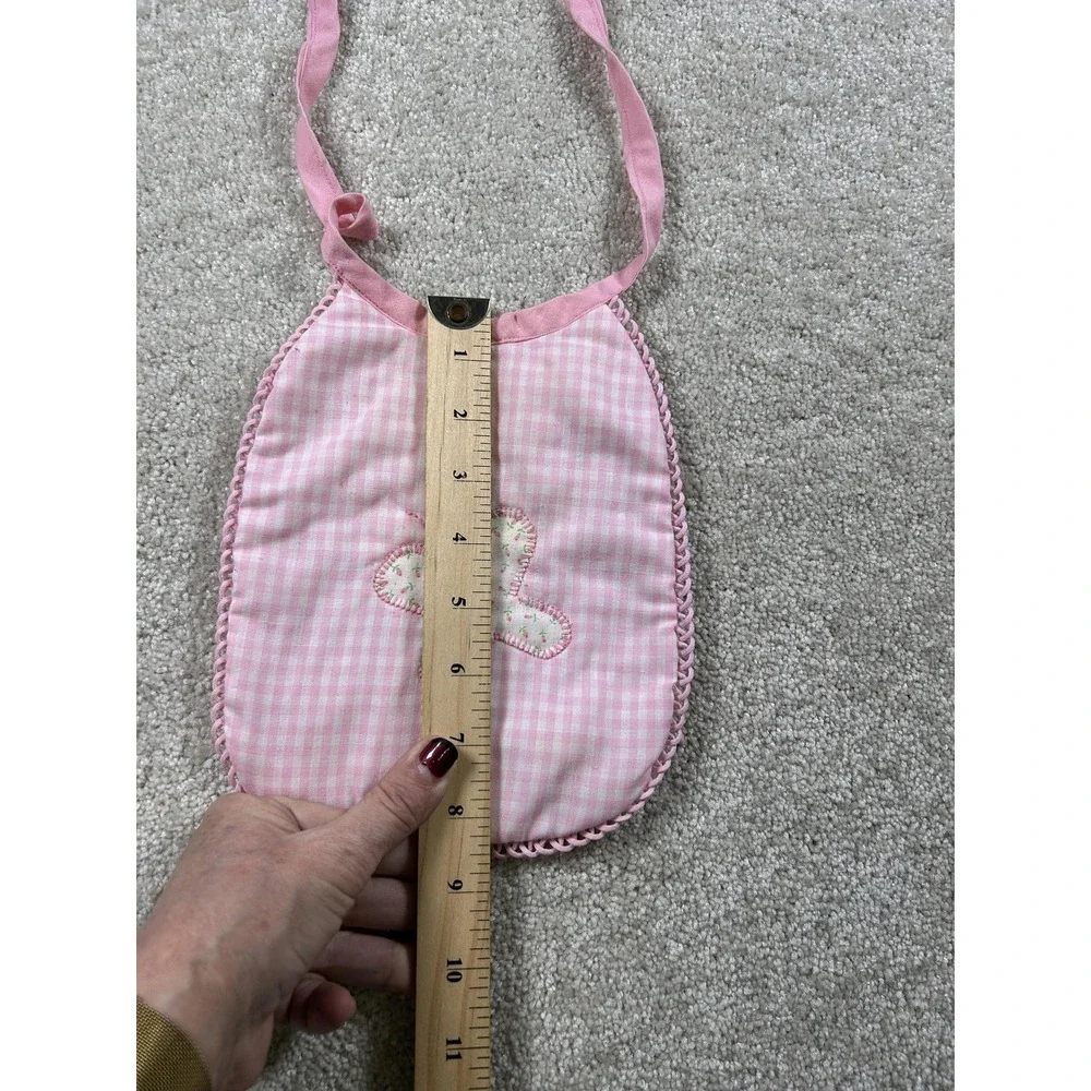 Vintage Pink Gingham Baby Bib Butterfly Applique‎ Embroidered Reversible Cotton